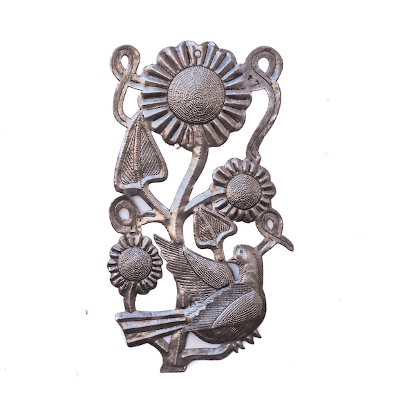 Handmade Haitian Sculpture, Sunflower Bird, Eco-Friendly Garden Decor 6"x12"