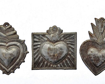 Decorative Sacred Hearts, Set of 3, Galvanized Milagro I Love You Charms, Best Friend Hearts, Handmade in Haiti,  4" x 6",