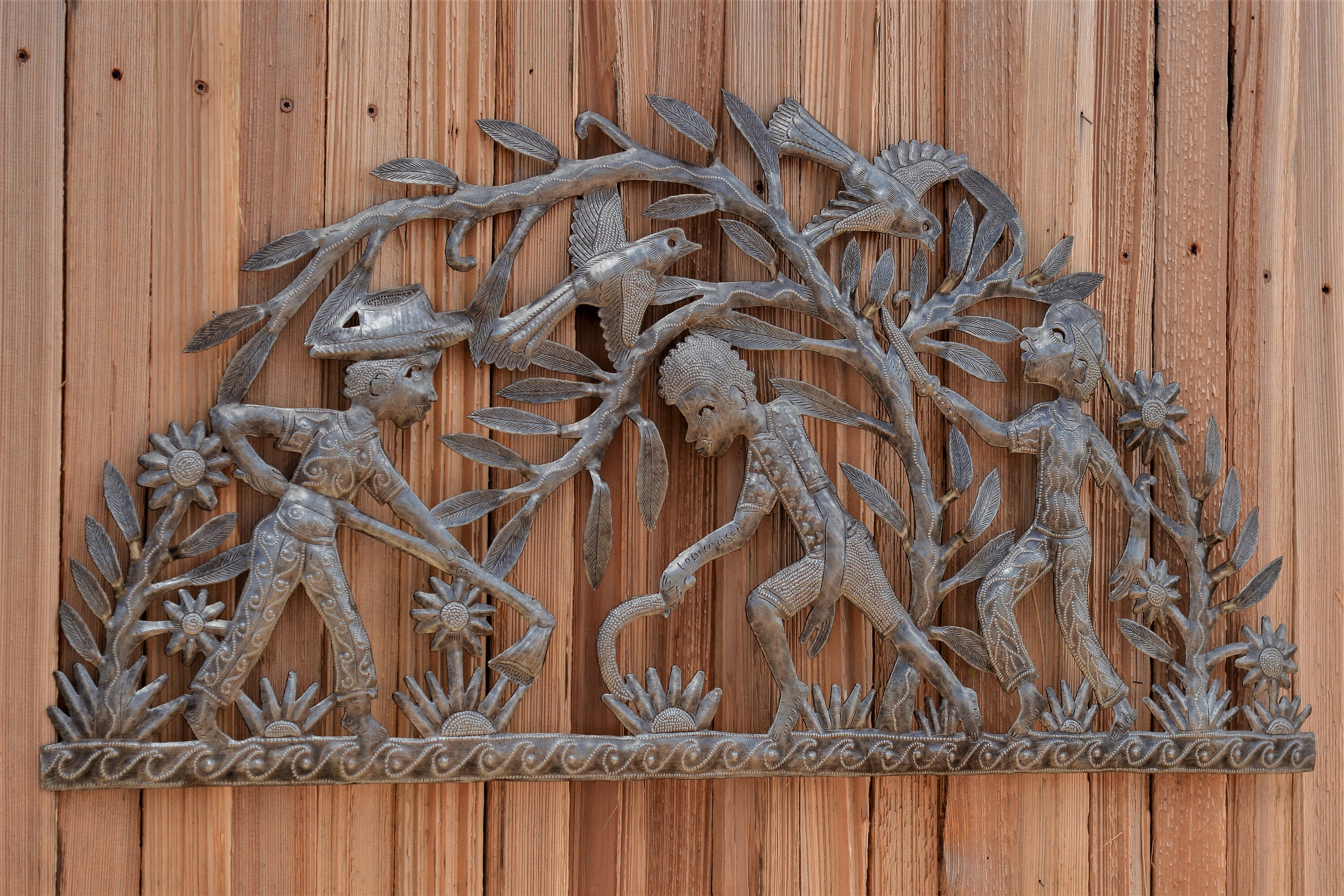 Haitian Metal Sculpture, Farmers, Metal Wall Hanging Artwork from Haiti