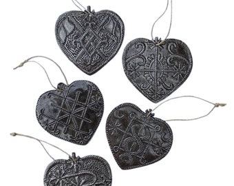 Veve Symbol Metal Heart Ornaments, 2.5" set of 5 Veve Design Hearts, Haitian Metal, Upcycle Eco-Friendly Gifts