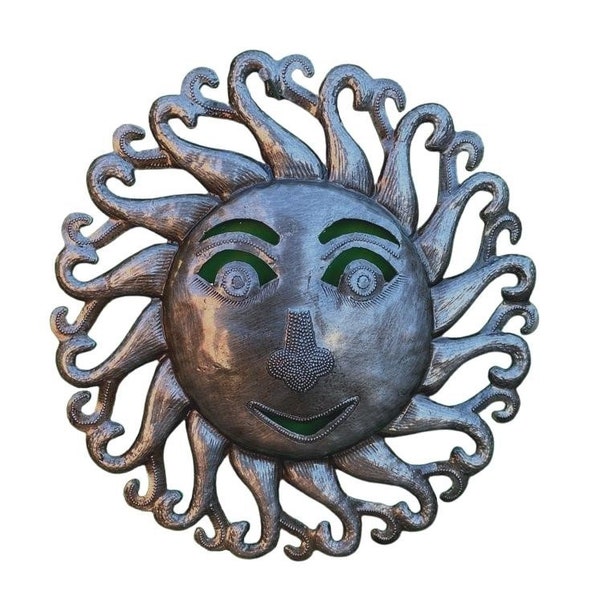Decorative Sun Wall Hanging, Handmade in Haiti, Indoor Outdoor Display, Sun Face 10 Inches Round