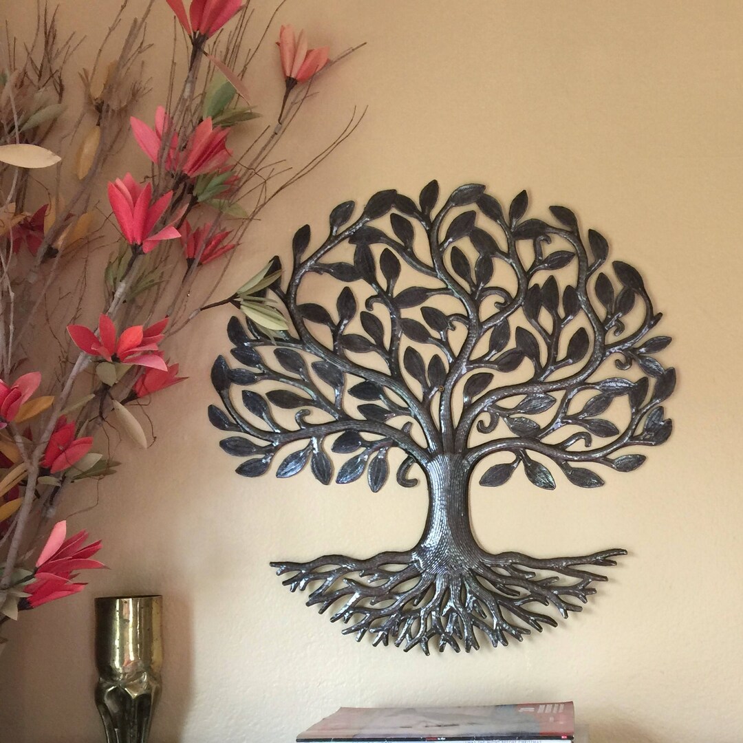 Love You, Haitian Tree of Life with Roots, Handmade from Recycled Barrels, Inspirational Family Wall Decor, Metal Sculpture 24 Inches Round - 4