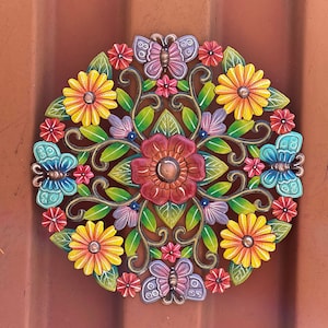 Painted Floral Garden Plaque, Haitian Metal Recycled Outdoor Art Wall Sculpture, 15" x 15"