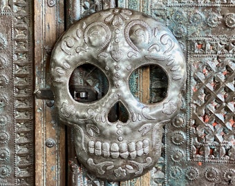 Sugar Skull Metal Wall Hanging Plaque, Skeleton Decor, Handmade in Haiti from Recycled Steel Barrels 6 x 10 Inches