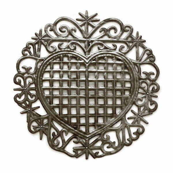 Veve Heart Silver Bronze 15" Round, Sacred, Handmade Home Accent Decor, I Love You Heart, Gifts for Friends,  Haitian Steel Drum