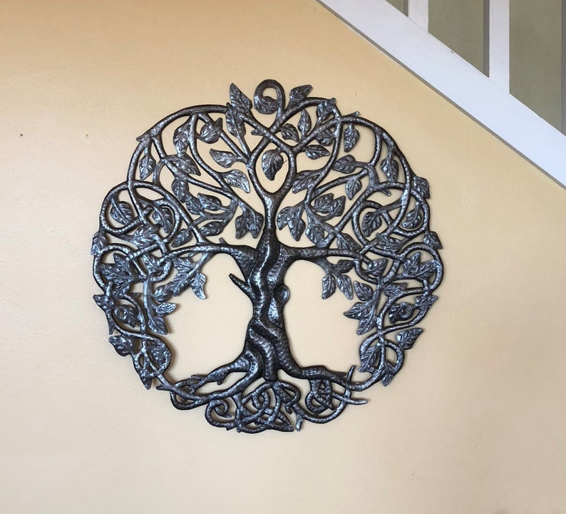 Celtic Trinity Knot Inspired Tree of Life Wall Art, 23 Inches, Metal Hanging, Family, Indoor Outdoor, Handmade in Haiti Recycled Barrels image 1