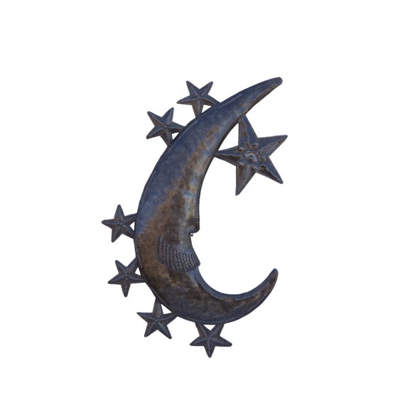 Handcrafted Haitian Metal Art, Moon with Mustache & Stars, Celestial Home Decor