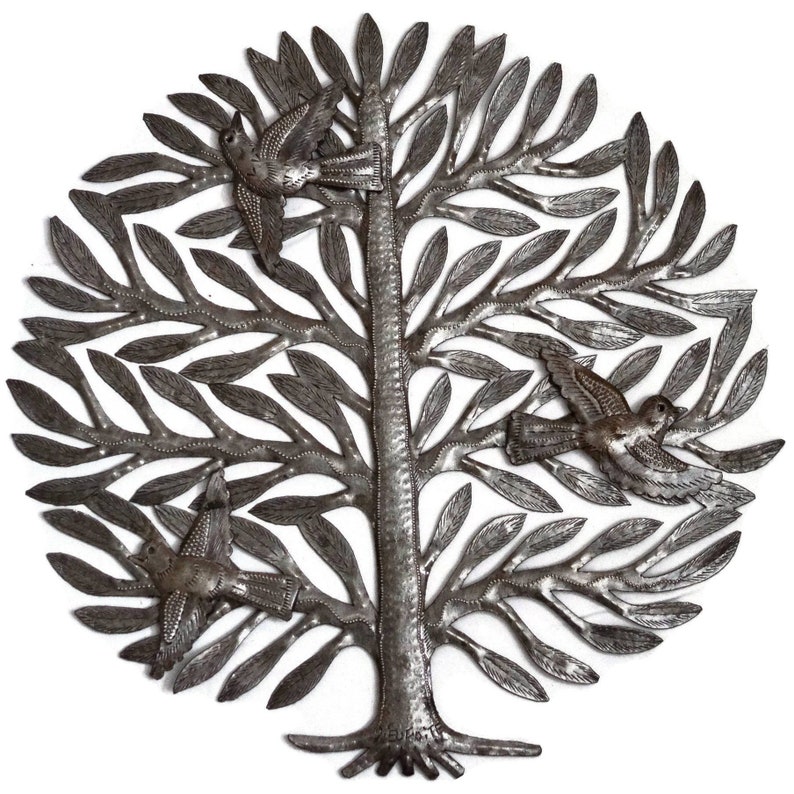 Garden Tree of Life with 3-D Birds, Family Wall Hanging Plaques, Indoor Outdoor, Best Friend Gift Ideas, Haitian Steel Drum Art 15 x 15 image 1