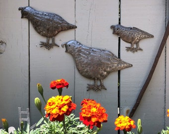 Metal Quail Facing Left, Handmade in Haiti, (Set of 3) Garden Wall Art 10.5" x 7", 8" x 6" and 5.5" x 4 + 2 additional babies 5 quail family