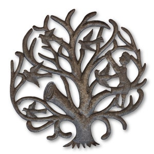 Boy Climbing Tree, Summer Fun, Metal Wall Hanging Artwork, One-of-a-Kind Haitian Metal Sculpture, 23 x 23