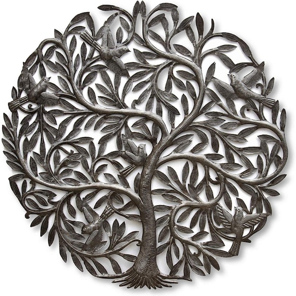 Large Organic Tree of Life with Birds,  Wall Art, Farm House, Haitian Metal, Hand Hammered Steel, Garden Artwork, Recycled iron Barrel 33.5"