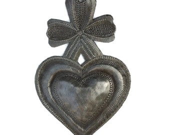 Small Heart Charms, Haitian Flaming Milagro Hearts, Love and Friendship, Wedding Favors, Handmade Decorative, 6 In. x 4 In. (Heart with Bow)