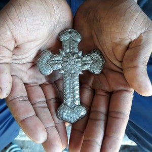 Sacred Heart Crosses of Hope, Center Peace Cross, Haitian Metal Milagro, Gift, Small Ornamental, Haiti, Sacred 3" x 4 1/4" (set of 3)