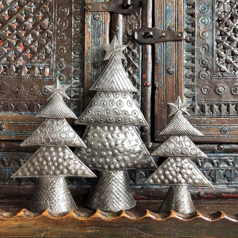 Christmas Tree Table Top Home Décor, Handmade in Haiti Set of 3 11.5 x 6, 8.5 x 5, 7 x 4 Haitian Artwork image 1