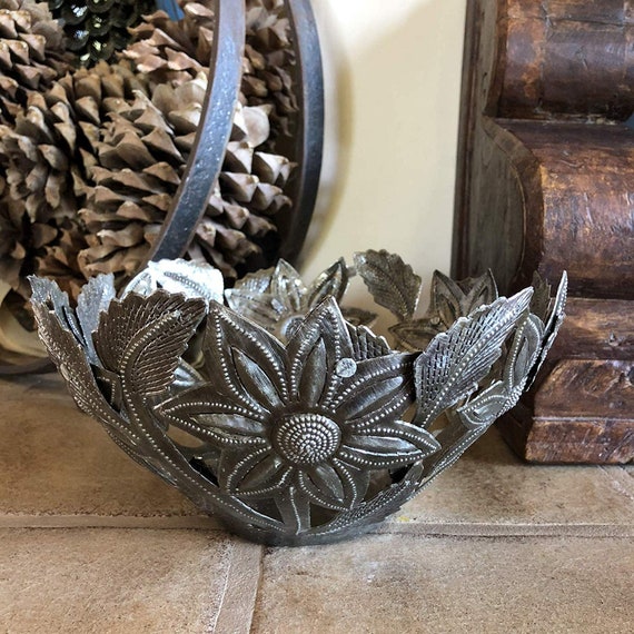 Large Metal Bowl With Decorative Flowers Fruit Bowl Table Etsy