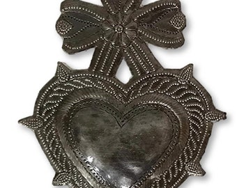 Small Milagro Heart with Bow, Spiked, Handmade in Haiti, Love, Friendship, Charm, Gift, 6 In. x 5 In.