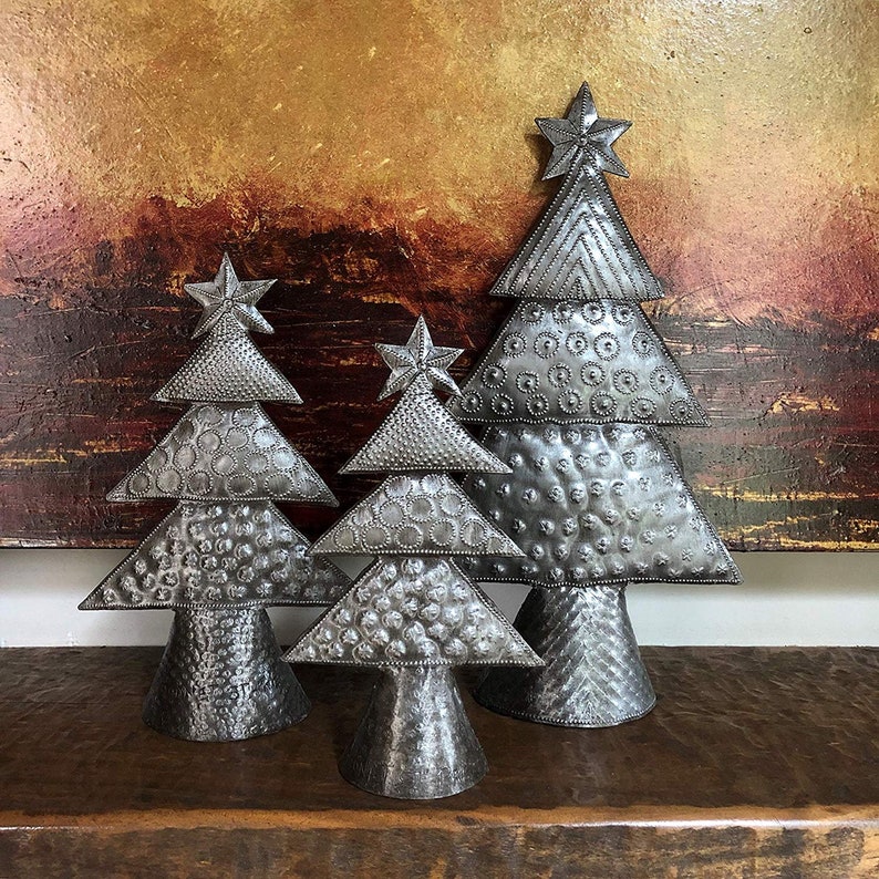 Christmas Tree Table Top Home Décor, Handmade in Haiti Set of 3 11.5 x 6, 8.5 x 5, 7 x 4 Haitian Artwork image 3