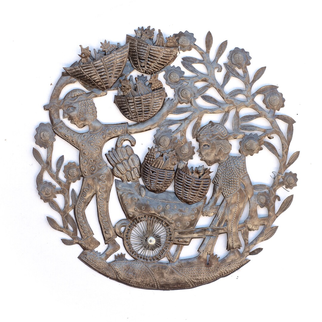 Handmade Haitian Home Decor, Market Boys With Wheelbarrow, Ecofriendly