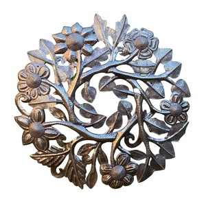 Garden Wreath for the Wall or lay it flat on a table with a Candle in the Center, made in Haiti of Recycled Metal 15" x 15" Haitian Artwork