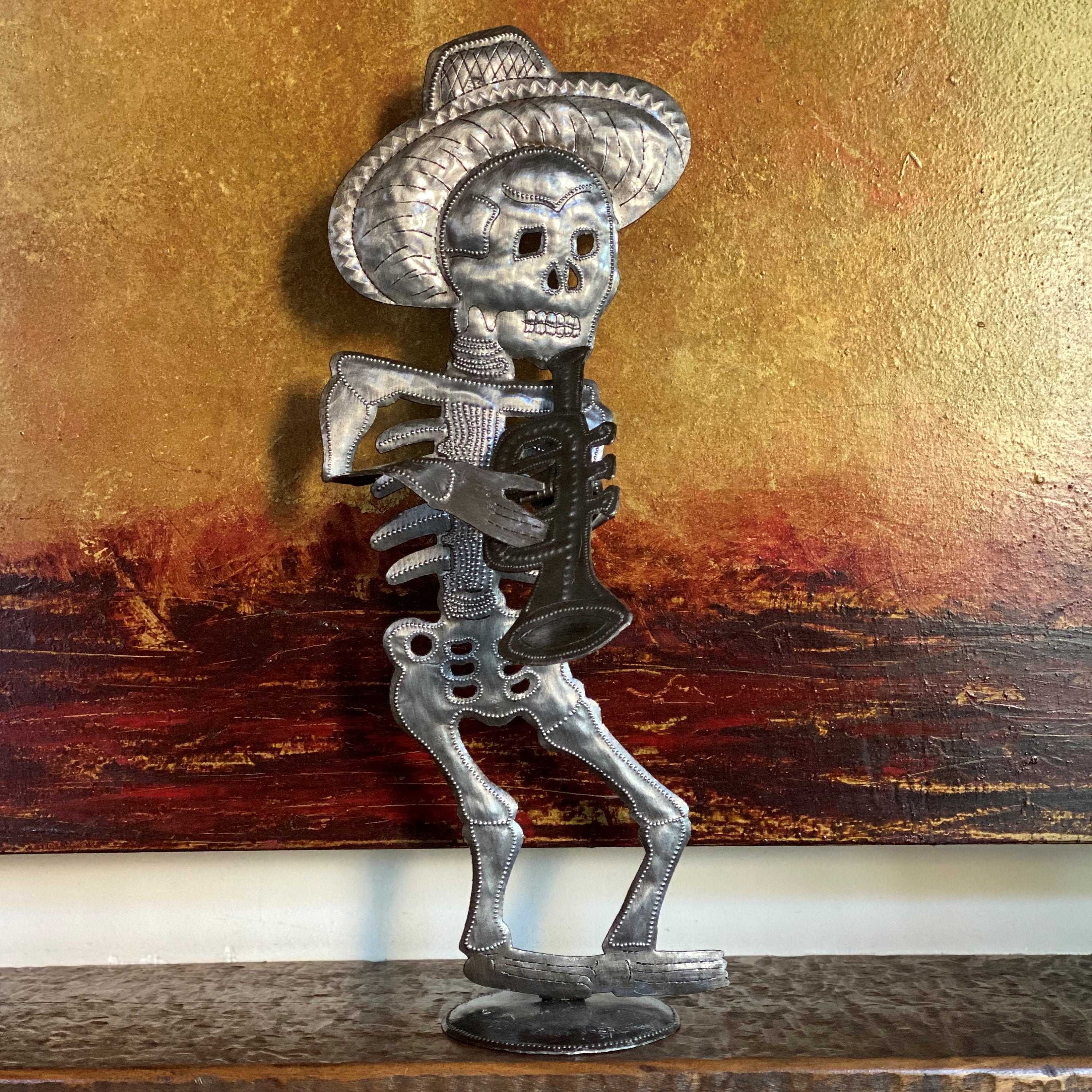 Mariachi Skeleton Decor Day of the Dead Trumpet Recycled metal Sculptures from Haiti Horn Player Free standing 17 x 8 x 4 Inches