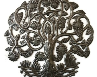 Small Decorative Tree of Life, Metal Wall Hanging Artwork, Handmade from Recycled Steel Barrels 15" x 15.5" Haitian Art