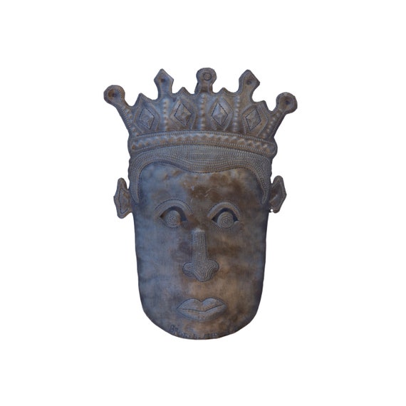 Handmade Haitian Metal Art, King with Crown Wall Mask, Black King, Sustainable Art