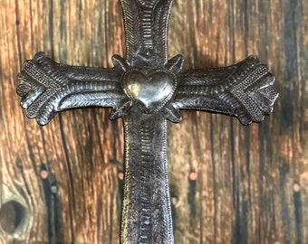 Metal Cross with Heart, Religious Wall Hanging Crosses, Gift Giving, Handmade in Haiti, 8" x 12" Inches