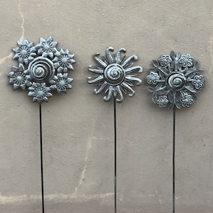 Flower Stakes, Spring Garden Decorations, Handmade in Haiti from Recycled Steel Barrels  (set of 3) 7.5" x 7.5" Haitian Artwork