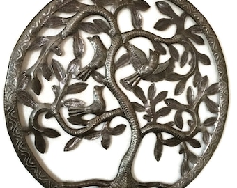 Small Framed Tree of Life Plaque with Birds, Family Inspirational Wall Hanging Art, Handmade, Haitian Steel Drum Art 17" x 17"