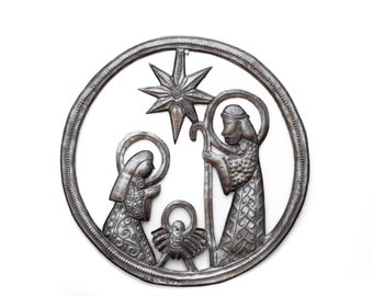 Handmade Haitian Metal Art, Nativity in Haiti, Eco-Friendly X-Mas Art 11.5"x11.5"