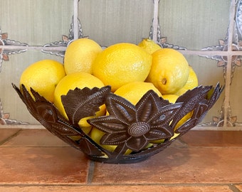 Large Metal Bowl with Decorative Flowers, Fruit Bowl, Table Top House Decorations, Handmade in Haiti 11" x 11" x 4"