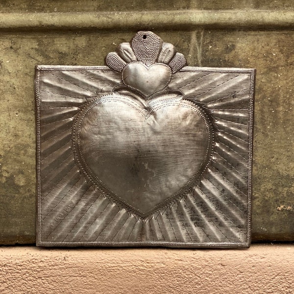 Haitian Squared Milagro Heart, Decorative Hearts, 9 Inches, Best Friend Metal Heart, Sacred, Gifts for Friends Handmade in Haiti
