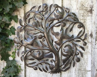 Steel Drum Tree of Life Metal Wall Art with birds Indoor and outdoor home décor, 23"x 23" Haitian Artwork