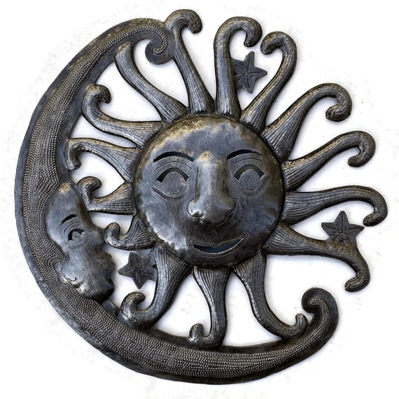 Moon and Sun Artwork, Spring Garden Plaque, Backyard Decorations, Handmade from Recycled Steel Barrels, 11.5" x 11"