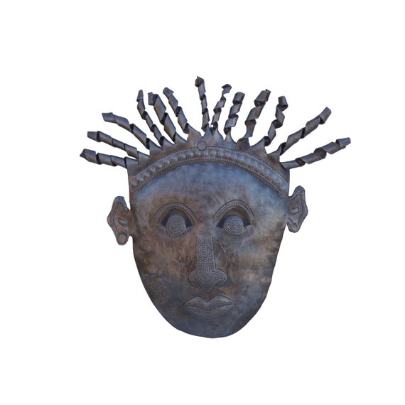 Handmade Haitian Metal Art, Boy with Curly Hair Wall Mask, Eco-Friendly Decor