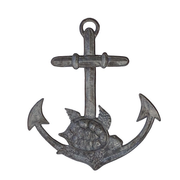 Anchor with Sea Turtle, Nautical Decor, Handmade Haitian Metal Art, Upcycled Fair Trade 14" x 17"