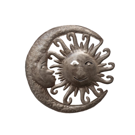 Handcrafted Haitian Folk Art, Celestial Eclipse, Sun & Moon in the Sky, 10"x10"