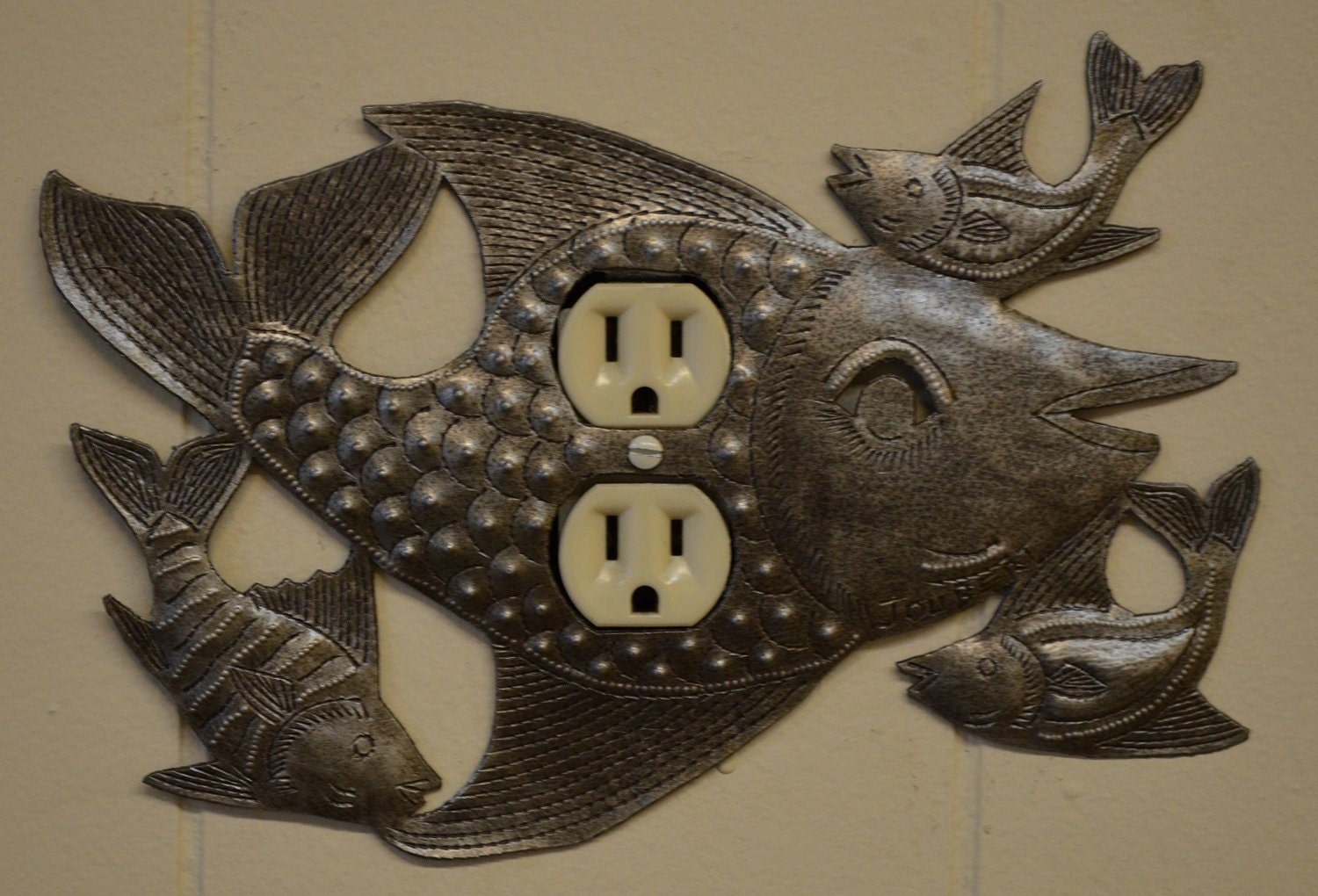 Lighting, Metal Outlet Light Covers, Swimming, Fish, Haiti, Handmade From Recycle  Oil Drum 9 X 6 -  UK