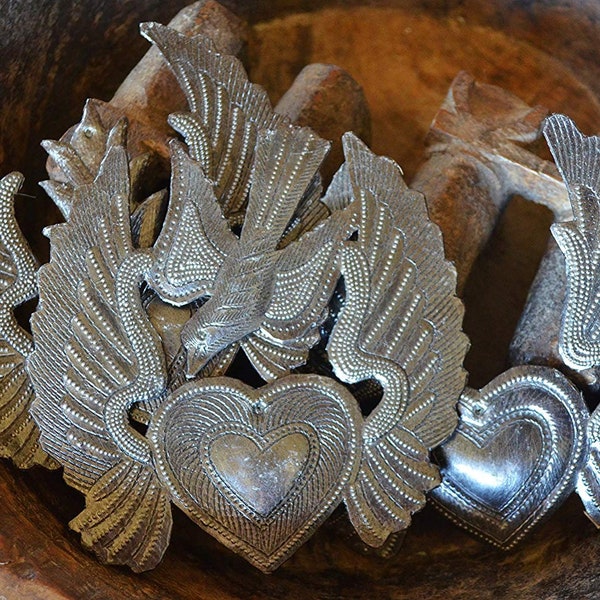 Small Hearts, Set of 3, Heart with Wings, Worry Heart, Take Your Worry Away, Flaming Heart, Angel Wings, Mini Birds, Ornaments 5" x 5.25"