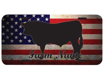 Bull silhouette farm American Flag Background Name or custom text Car tag