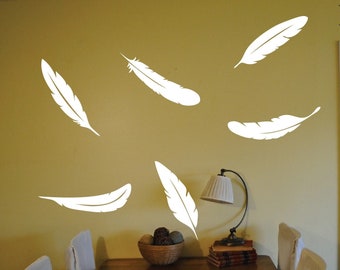 feather Wall Decals, Set of 10, Bird angel flying falling floating Static window cling clings