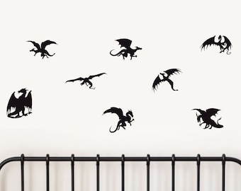 Dragon Decals, Set of 8, black wizard fire castles castle knight window cling static Static  clings mythical beast creature monster