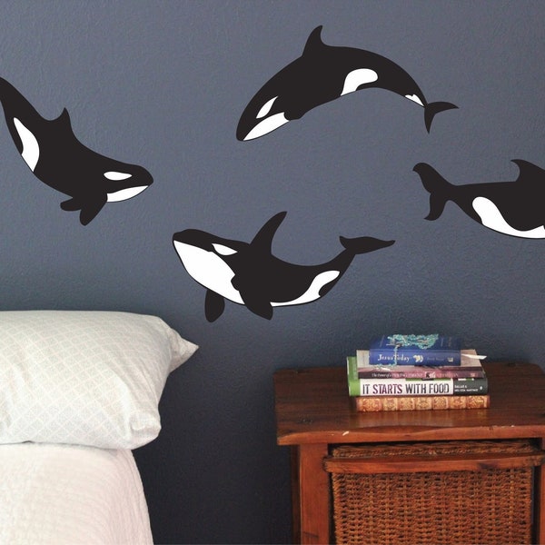 Orca Whale Wall Decals, Set of 10, Killer Whales Ocean Sea Bedroom Playroom stickers removable Static window cling clings