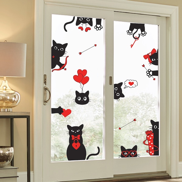 Cats in Love, door and Wall Decals, Set of 12, Valentine Decoration hearts bow arrows Static window cling clings