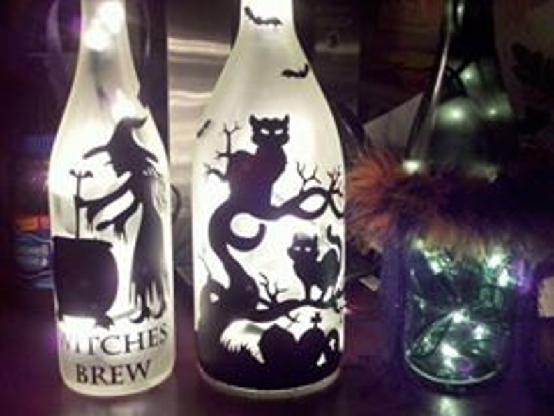 witch dont judge ridden broom Halloween spider light recycled wine bottle lamp