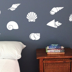 Sea Shell Wall Decals, Set of 10, Ocean Beach house Bedroom Bathroom stickers removable fish tropical Static window cling clings