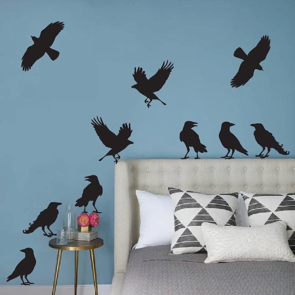 Crow Decals, Set of 10, black bird Halloween fall field raven window cling static Static window cling clings