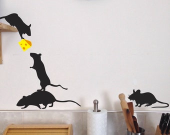 Mice Wall Decals, Set of 13, Cheese included, Lil rats, fun Static window cling clings
