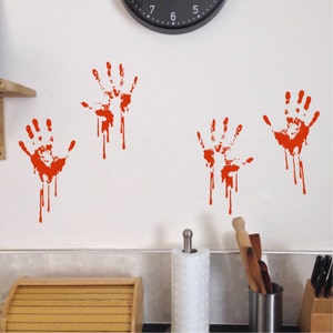 Bloody hand prints Wall Decals Set of 4, Halloween Decoration, murder zombie monster walking dead Static window cling clings
