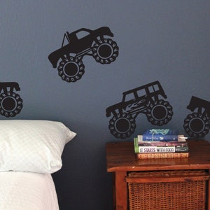 Monster Truck Set of 12, Fun sport wall decals, boys trucks dirt jump race crash big bedroom play game room stickers removable